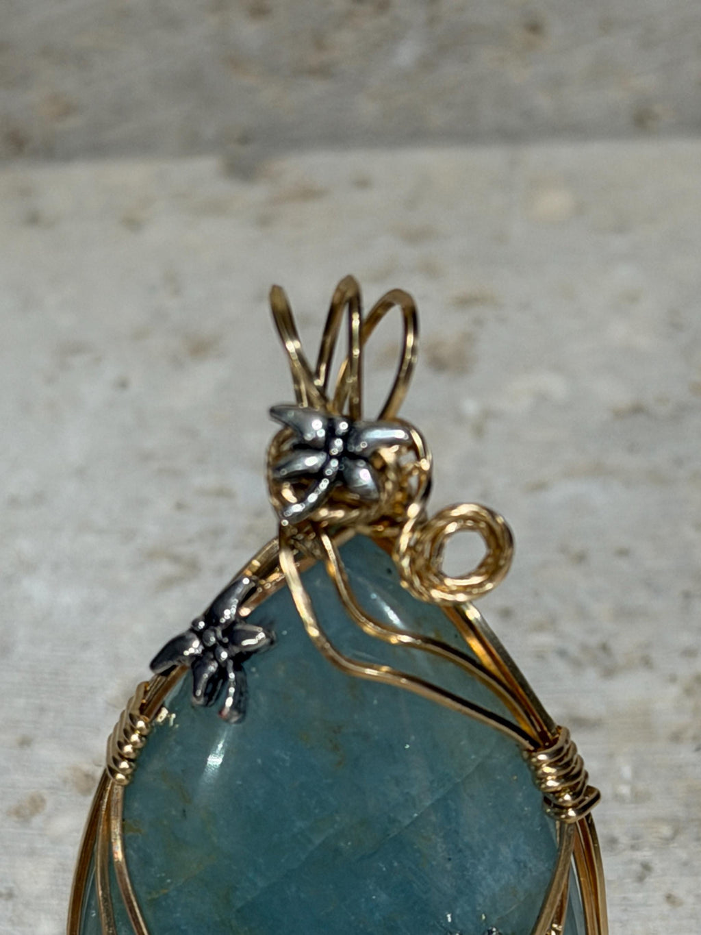 Aquamarine Pendant, Wire Wrapped in 14/20 Yellow Gold, Whimsical Jewelry, Silver Dragonflies