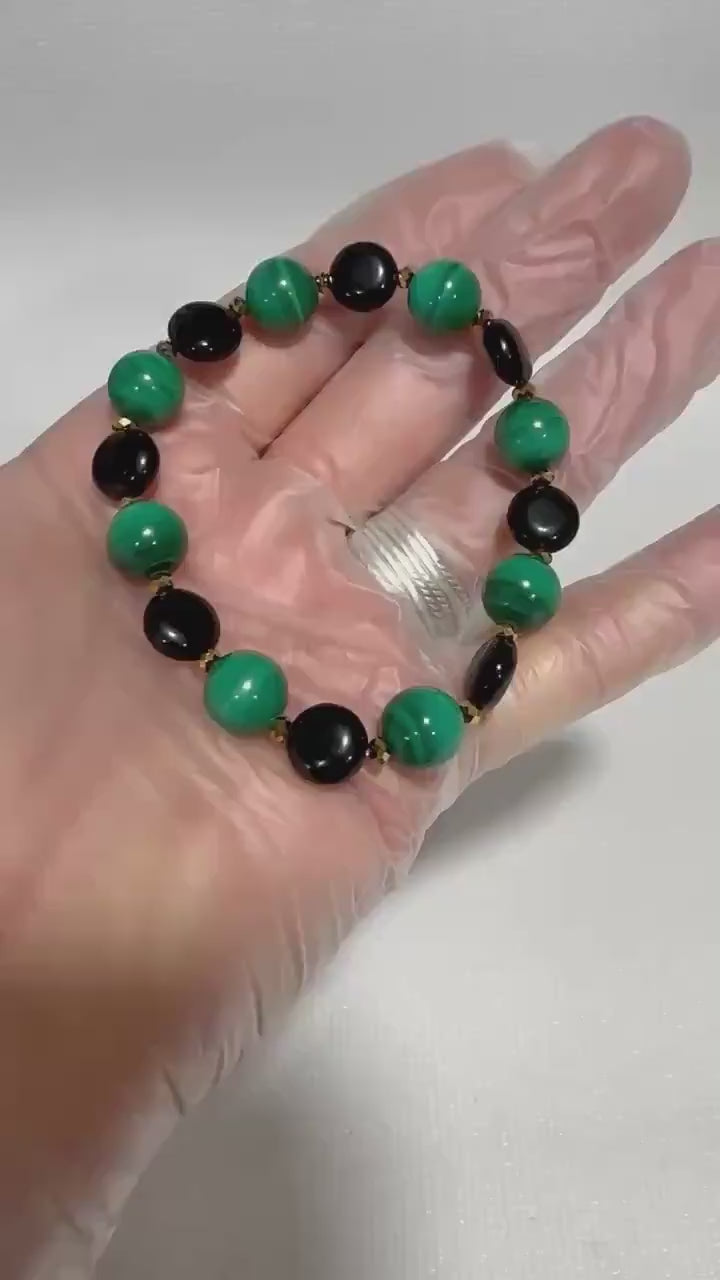 Gemstone stretch bracelet, Malachite and Obsidian with gold crystal accents, energy healing