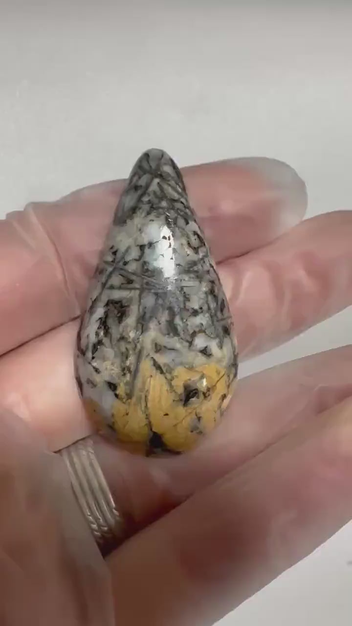 Canadian Pinolith large teardrop cabochon, yellow breccia gemstone for jewelry making—RARE