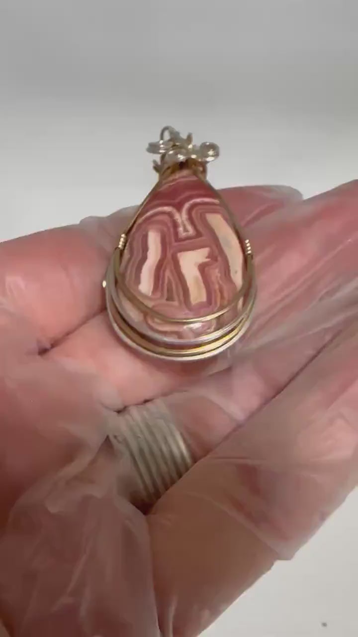 Whimsical Rhodochrosite pendant, two-tone wire wrapped in tarnish-resistant Argentium Silver and 14/20 yellow gold