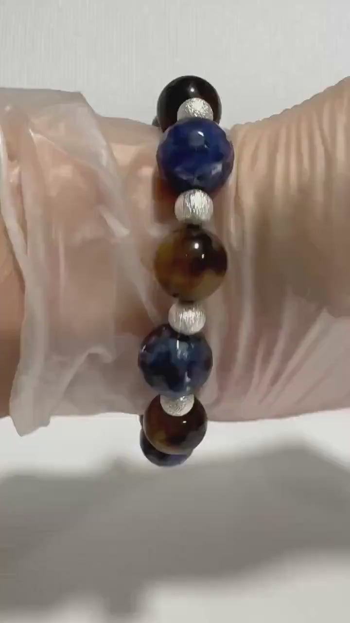Unique Gemstone Stretch Bracelet, Sodalite and Yellow Tiger Eye with Sterling-plated accents, energy healing
