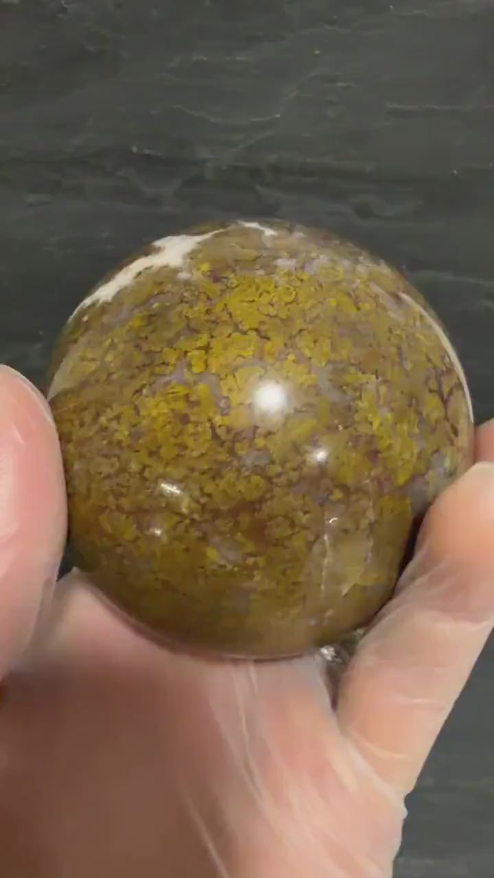 Maury Mountain Moss Agate Sphere, Oregon Moss Agate, Golden Ochre Plume Agate, 3.08 Inch Polished Stone Sphere