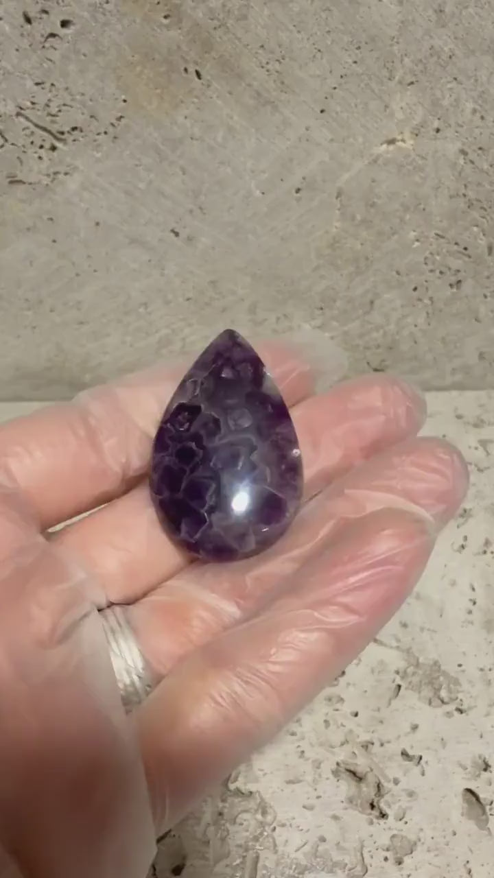 Mosaic Amethyst Cabochon, Natural Purple Amethyst, Geometric Crystal Formation, Pear Shape, Collector Gemstone