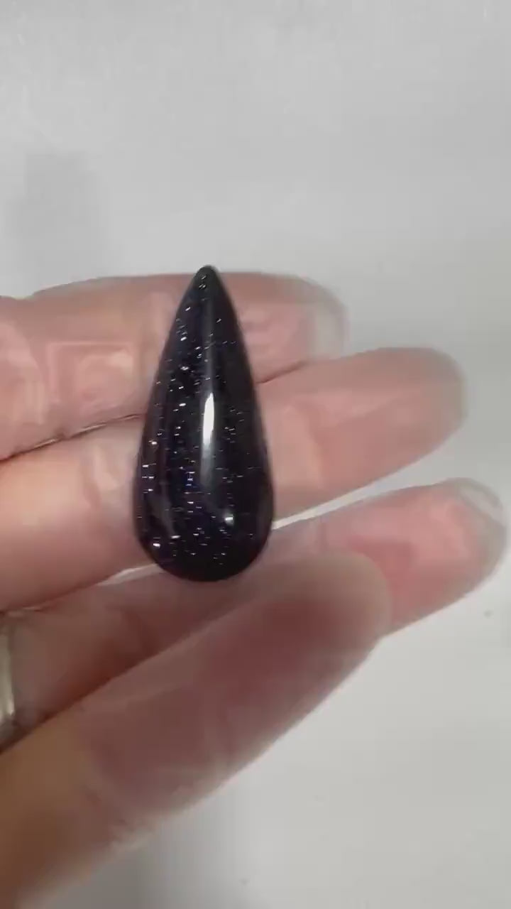 Blue Goldstone Cabochon, Sparkling Midnight Blue Teardrop, Hand Cut Jewelry Stone, Loose Cabochon
