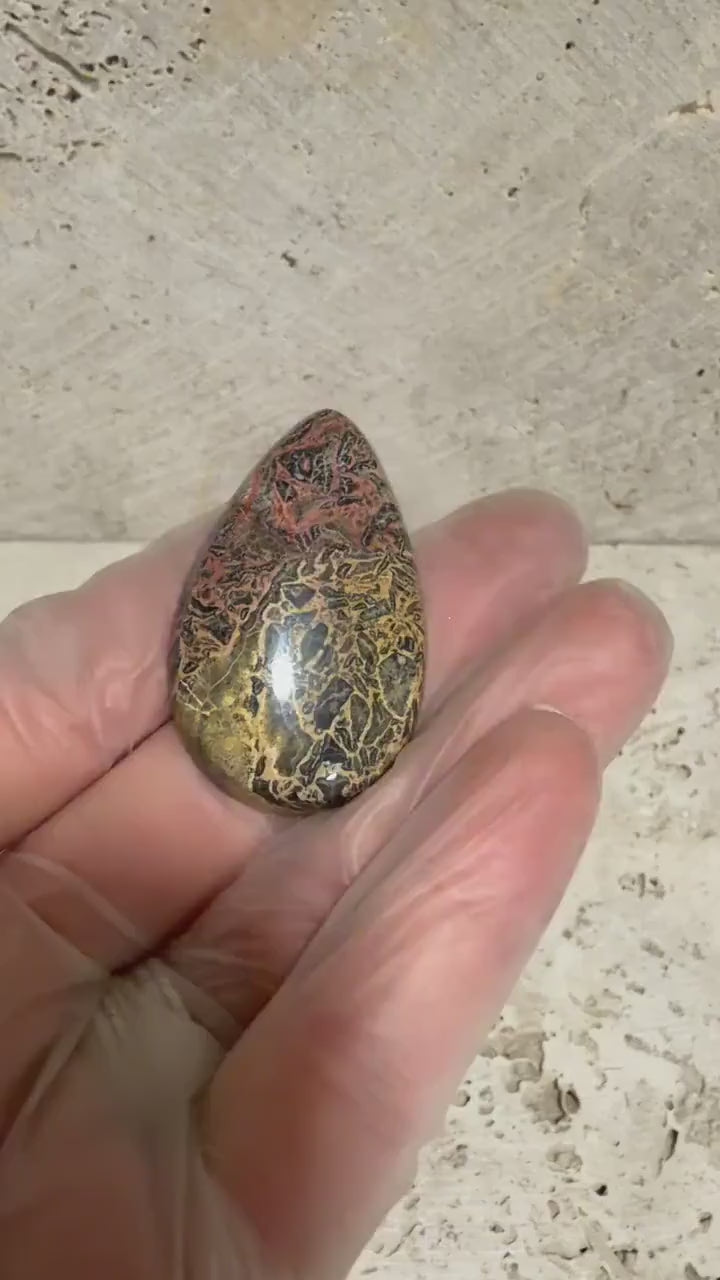 Galaxy Rhyolite Cabochon, Red Gold Black Matrix, Teardrop Gemstone, Designer Cabochon, Lapidary Stone