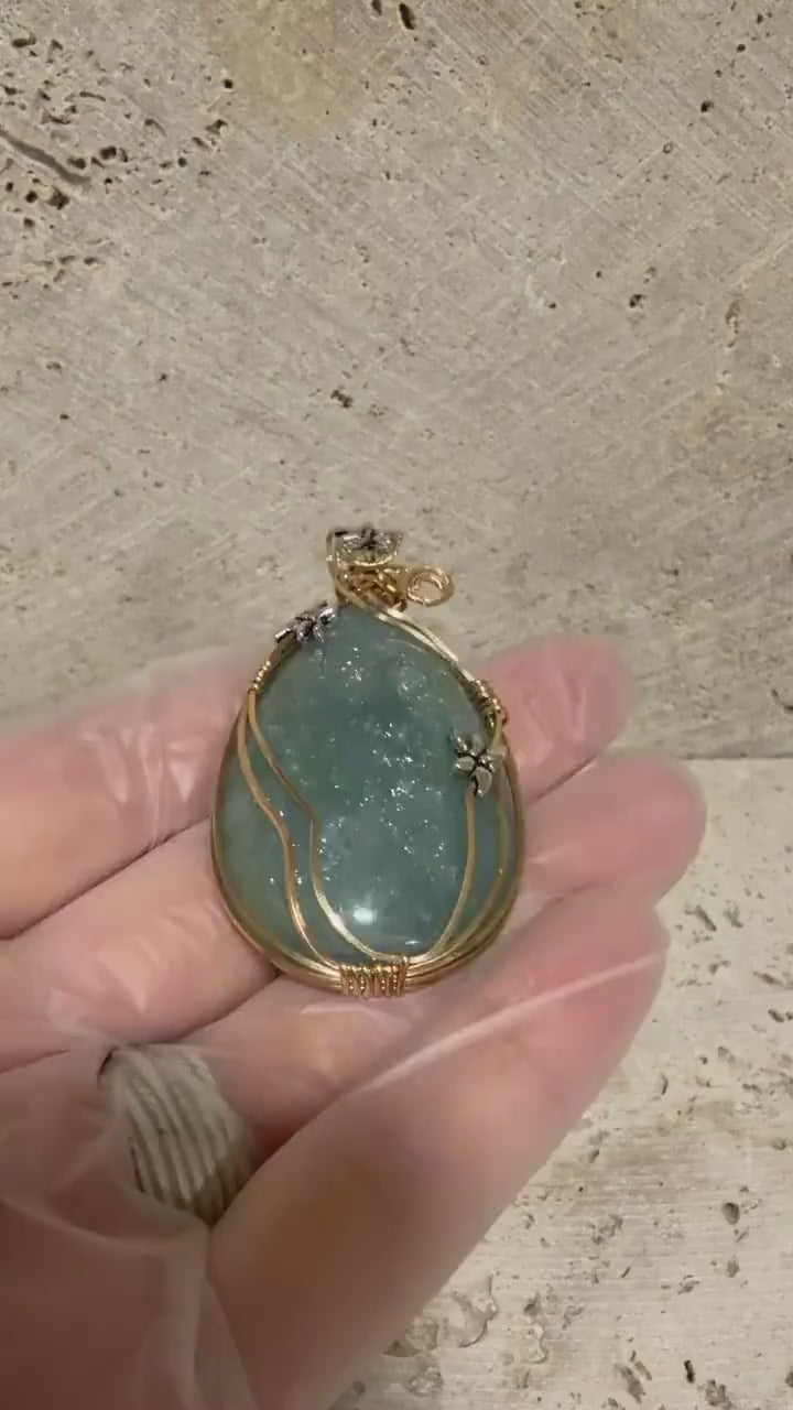 Aquamarine Pendant, Wire Wrapped in 14/20 Yellow Gold, Whimsical Jewelry, Silver Dragonflies