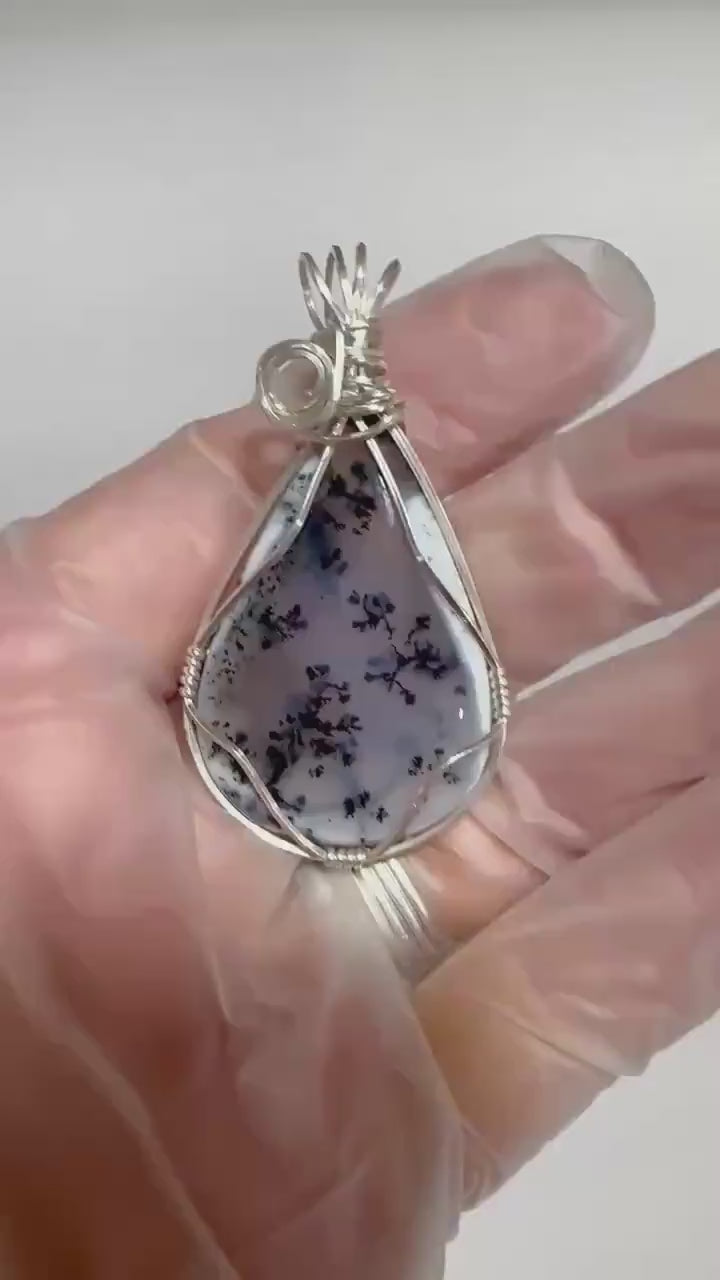 Dendritic Agate Pendant, Wire Wrapped Argentium Silver, Artisan Jewelry