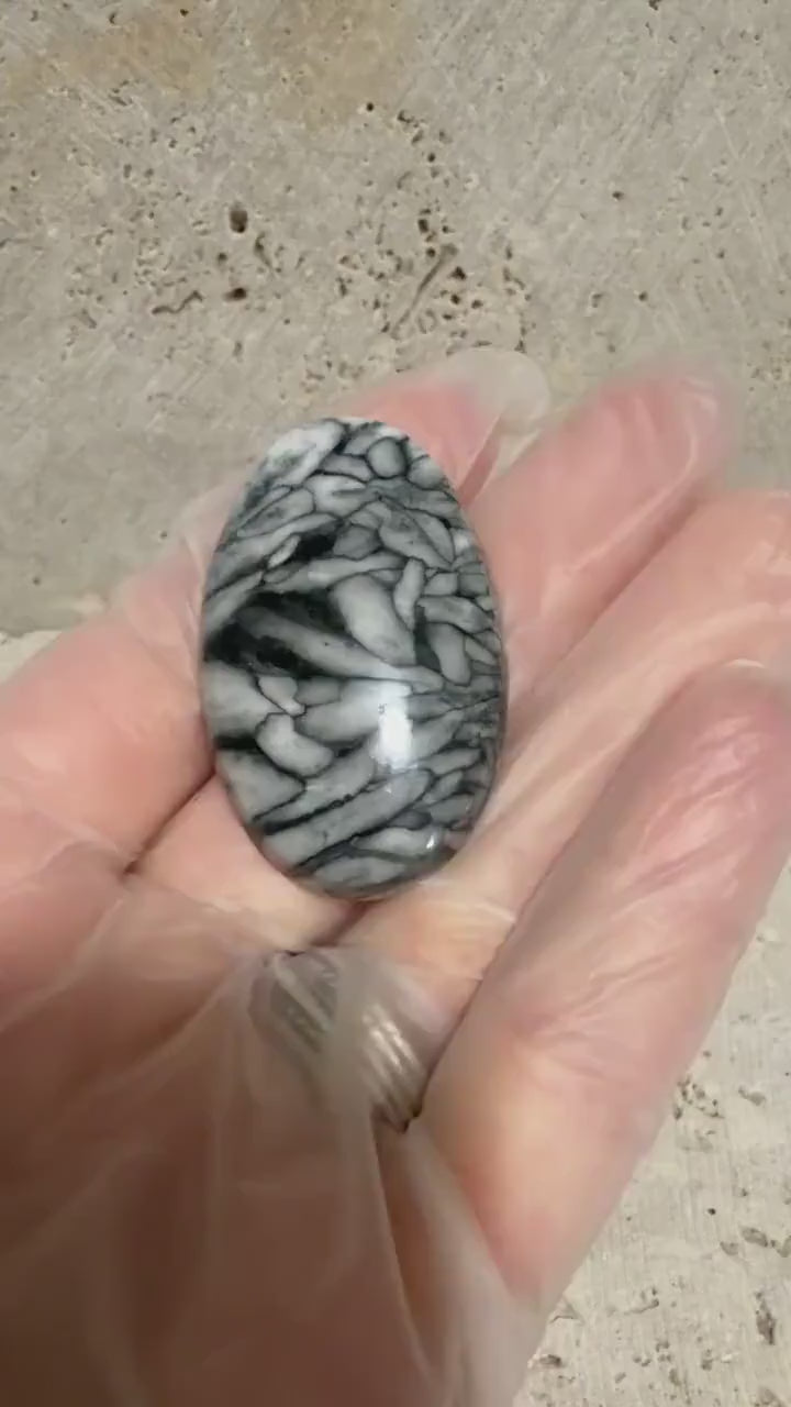 Austrian Pinolith Cabochon, Natural Black and White Pinolite, Hand Cut Oval Designer Gemstone, Jewelry Making
