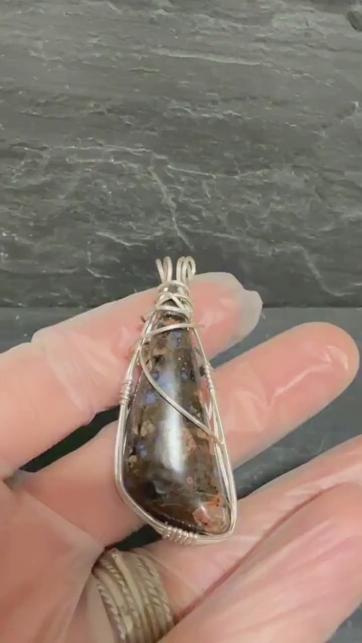Llanite Pendant Necklace, Argentium Silver Wire, Sterling Chain