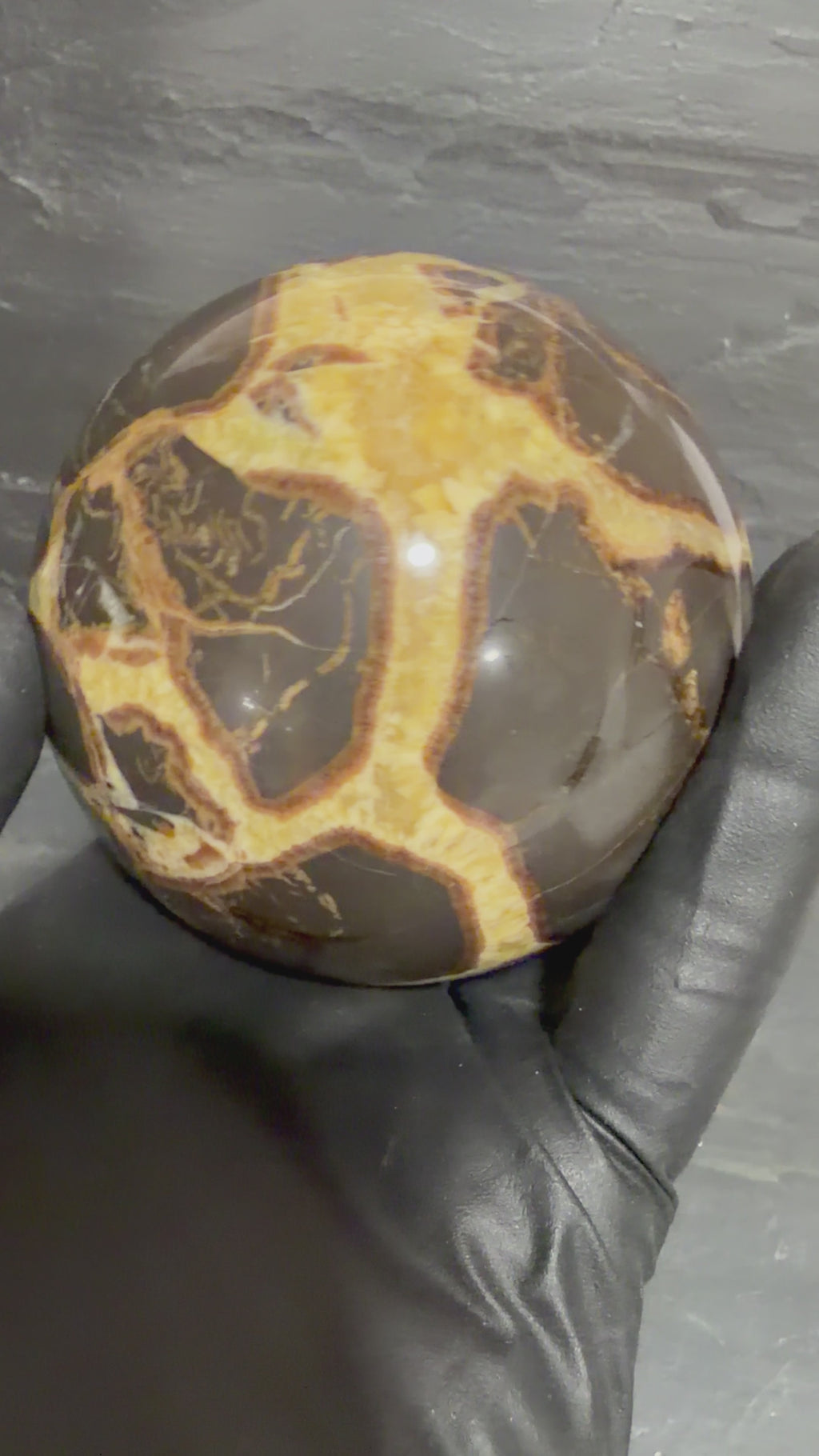 Septarian Nodule Sphere – 3 Inch Golden Calcite & Aragonite Display Mineral
