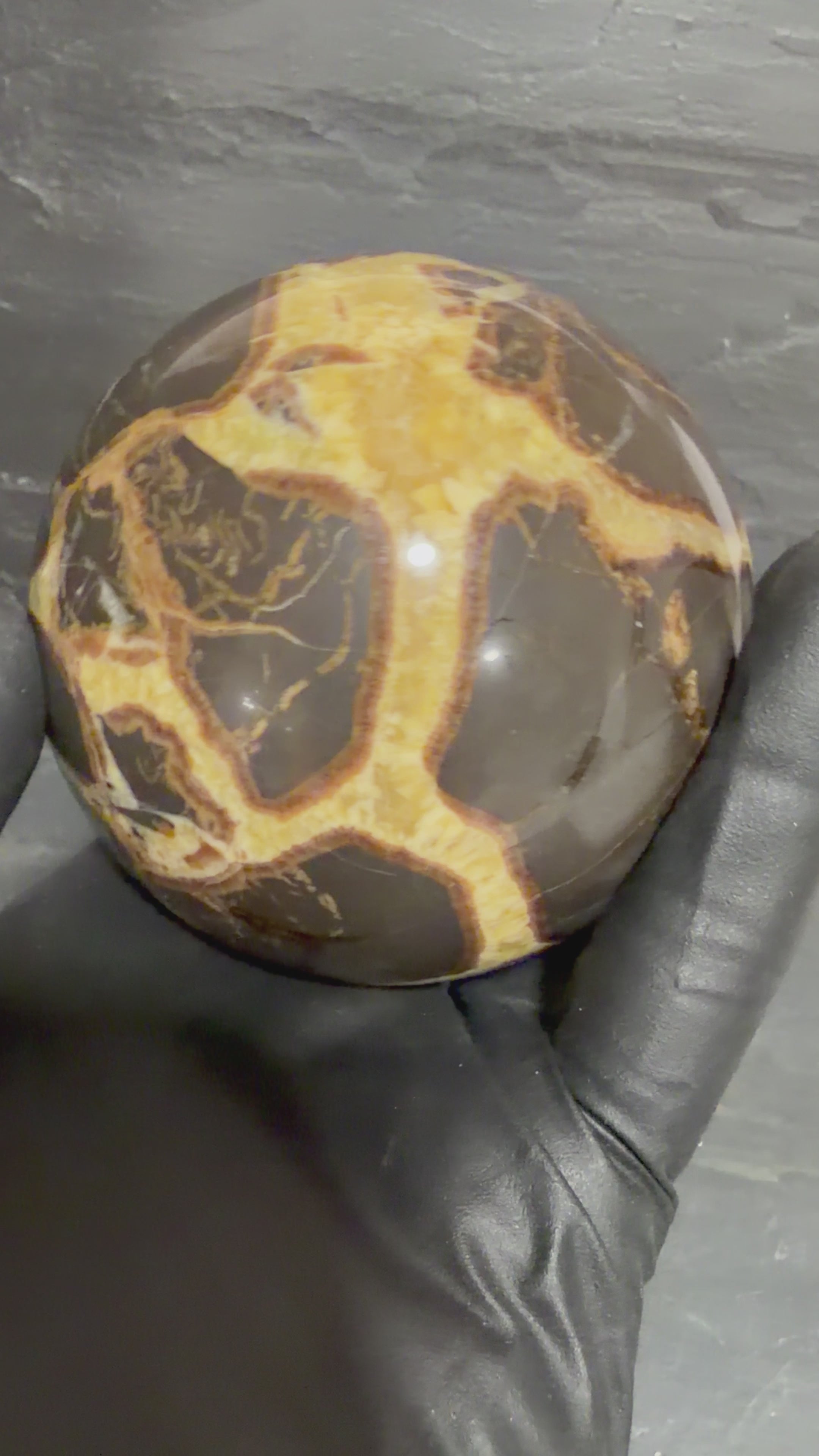 Septarian Nodule Sphere – 3 Inch Golden Calcite & Aragonite Display Mineral